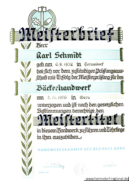 Meisterbrief Karl Schmidt vom 05.11.1956